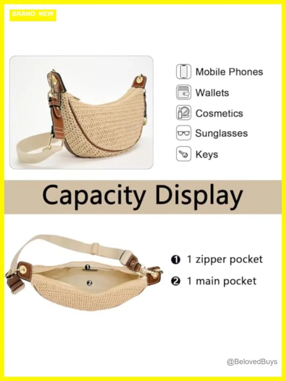 Straw Crossbody Bag Woven Crescent Hobo Purse with Adjustable Strap